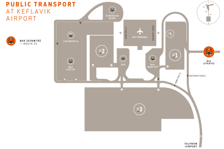 Схема расположения общественного транспорта в аэропорту Кефлавик
