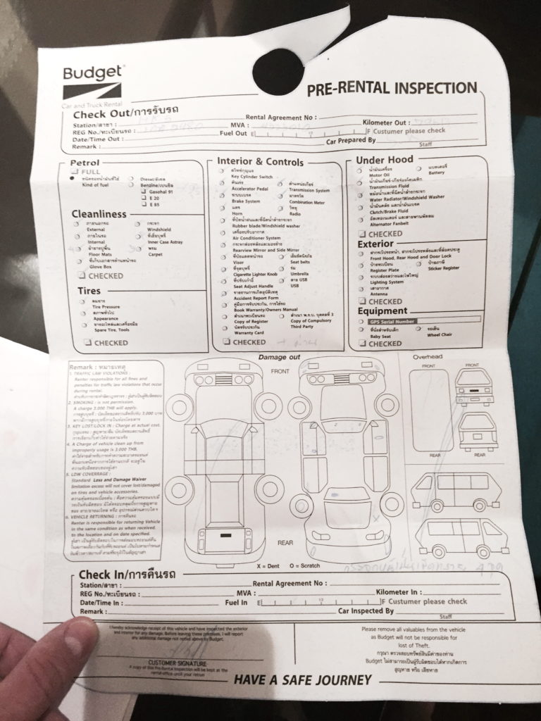 Лист осмотра арендованного автомобиля в Таиланде