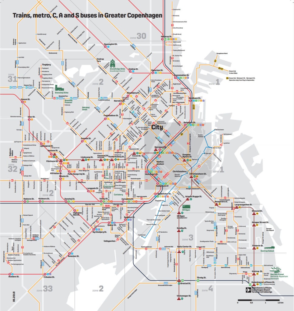 Схема автобусов, метро и поездов Копенгагена и окрестностей