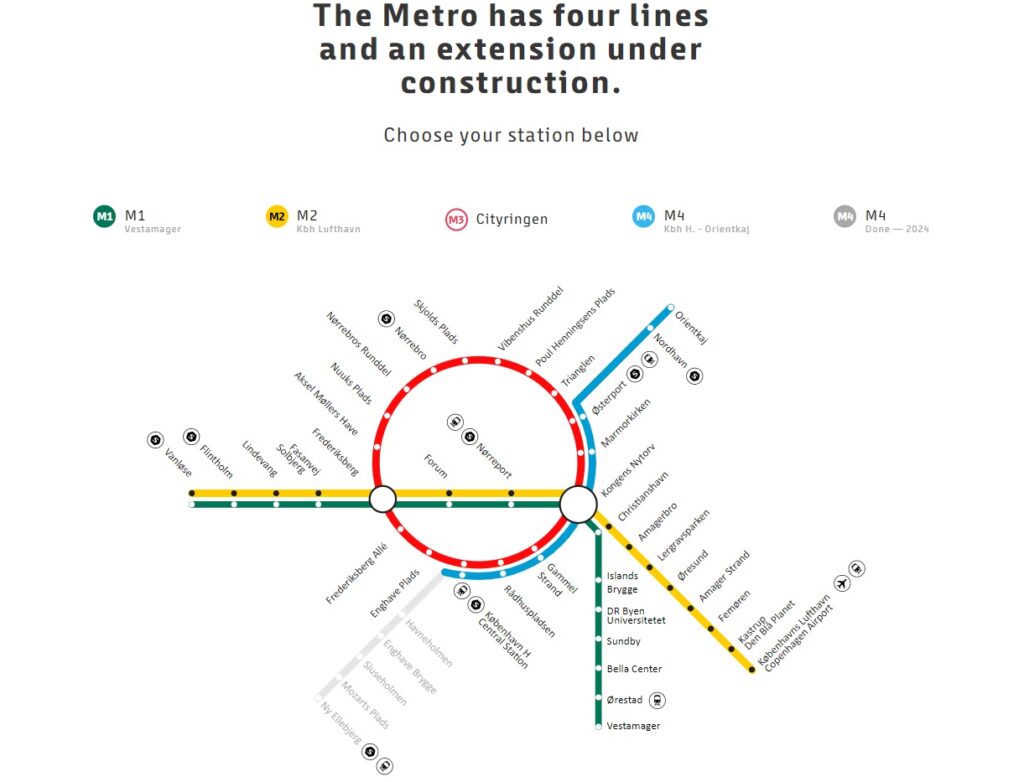 Схема станций метро Копенгагена
