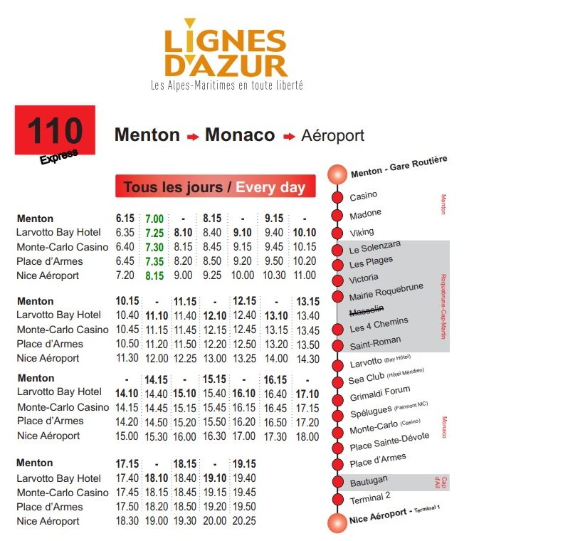 Маршрут Line 110 - Nice Airport - Monaco - Menton