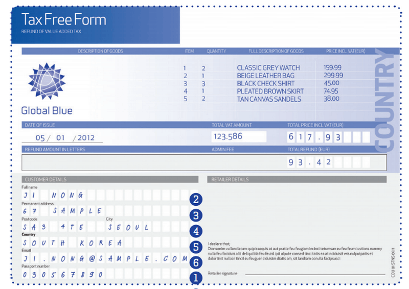 Образец формы Tax free от Global Blu 